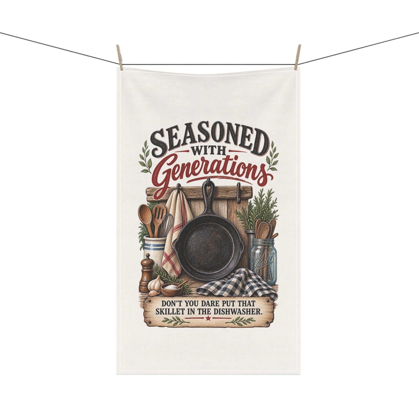 Seasoned With Generations Kitchen Tea Towel — 'Don't You Dare Put That Skillet in the Dishwasher'