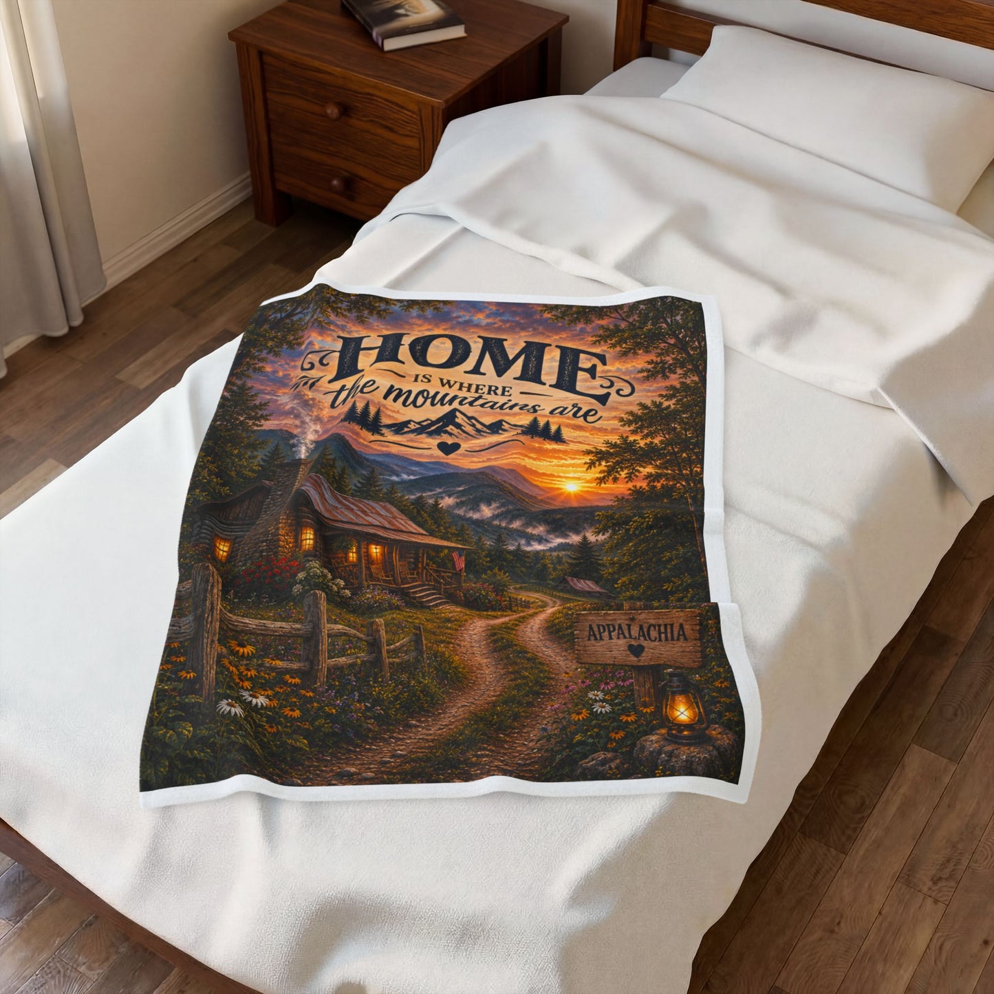 Velveteen Plush Blanket — "Home Is Where the Mountains Are" Cabin Scenic Throw