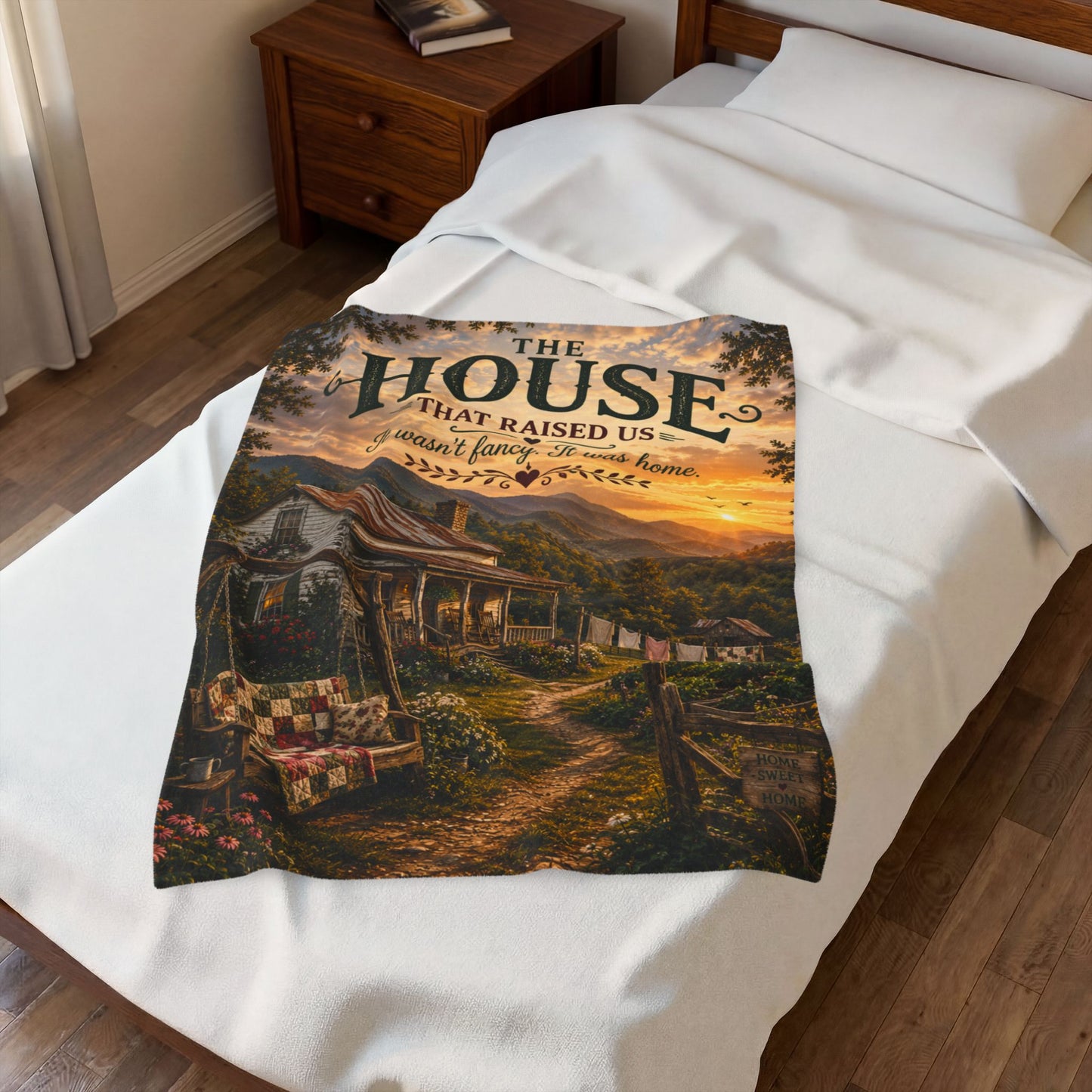 Velveteen Plush Blanket — "The House That Raised Us" Rustic Cottage Sunset Throw