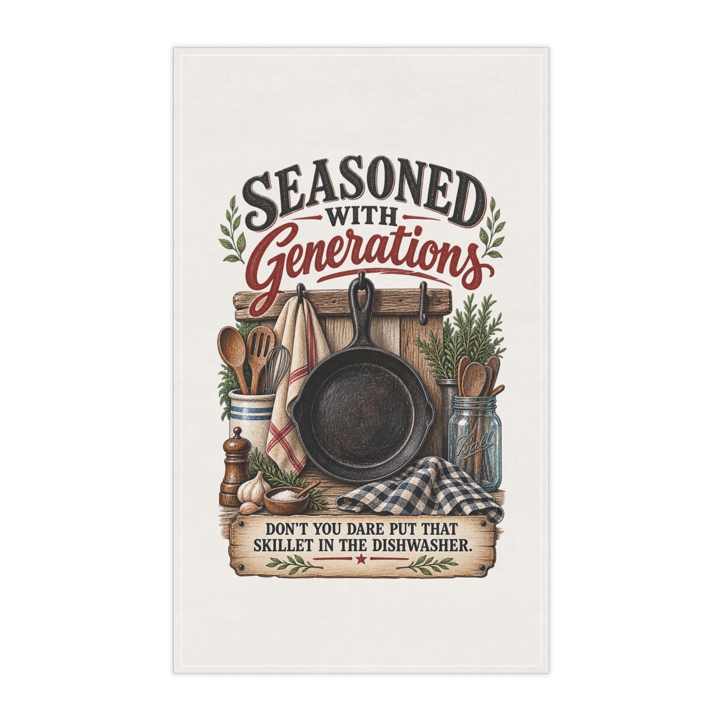 Seasoned With Generations Kitchen Tea Towel — 'Don't You Dare Put That Skillet in the Dishwasher'