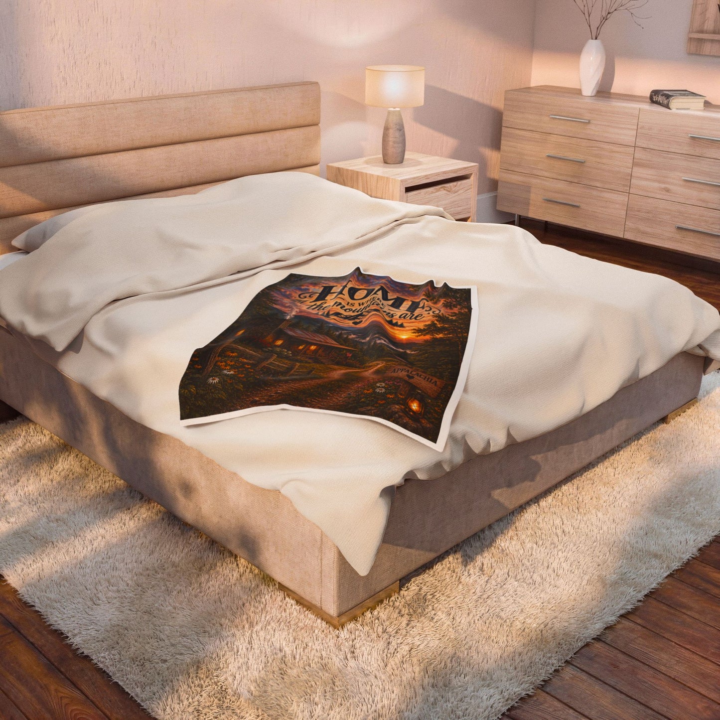 Velveteen Plush Blanket — "Home Is Where the Mountains Are" Cabin Scenic Throw