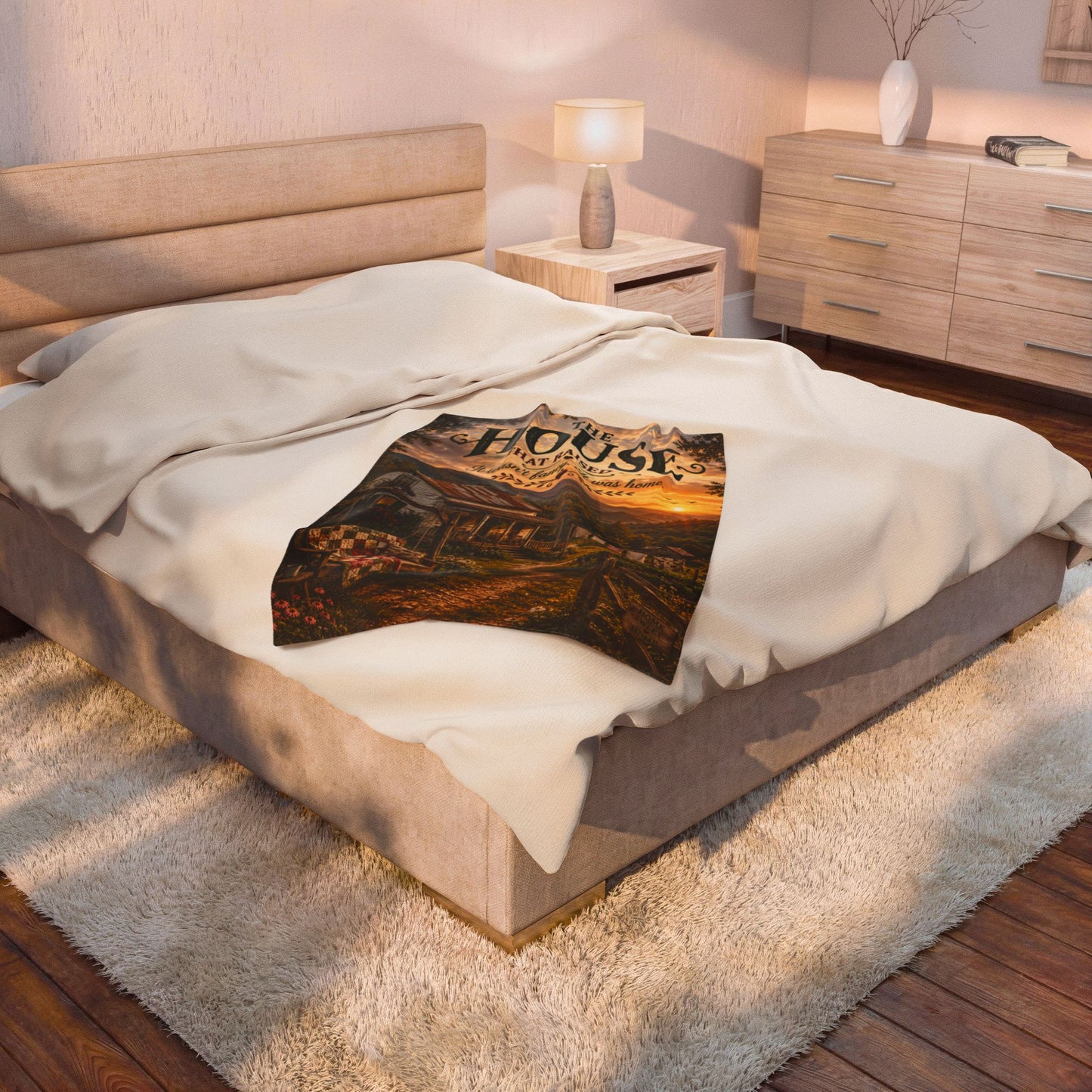 Velveteen Plush Blanket — "The House That Raised Us" Rustic Cottage Sunset Throw