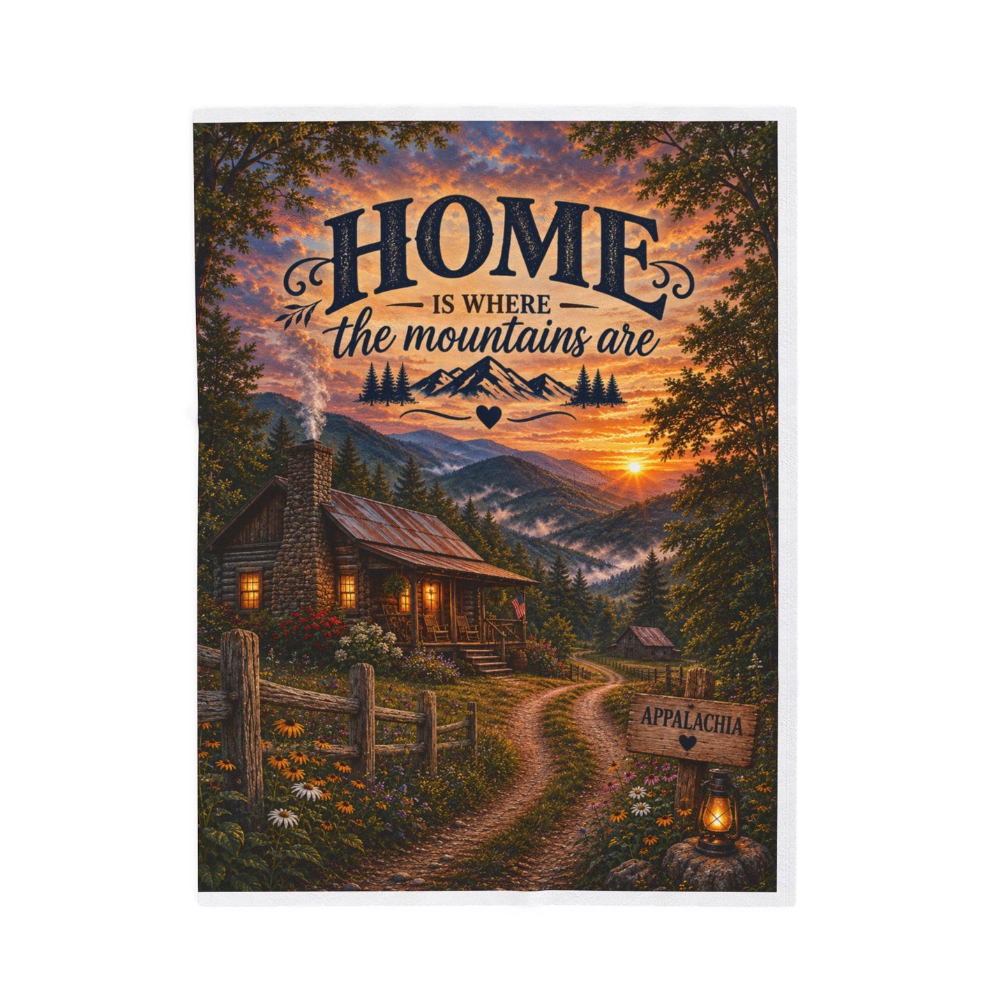 Velveteen Plush Blanket — "Home Is Where the Mountains Are" Cabin Scenic Throw