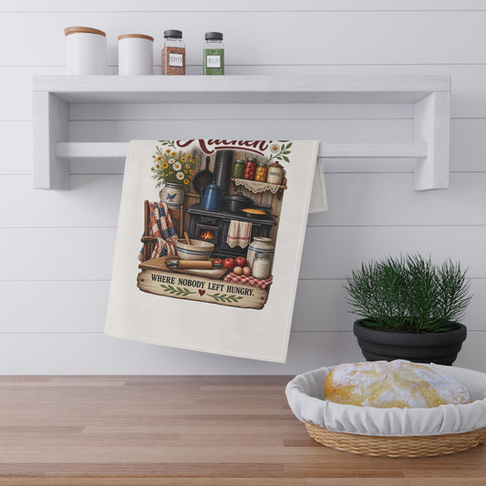 Granny's Kitchen Tea Towel – Vintage Country Kitchen Decor (“Where Nobody Left Hungry”)